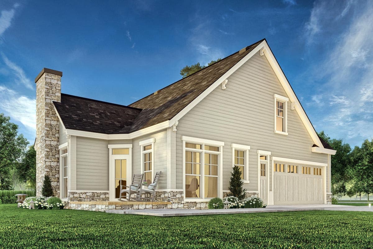 House plan exterior rendering of a one-story Modern Farmhouse with a stone chimney, covered porch, and attached two-car garage.