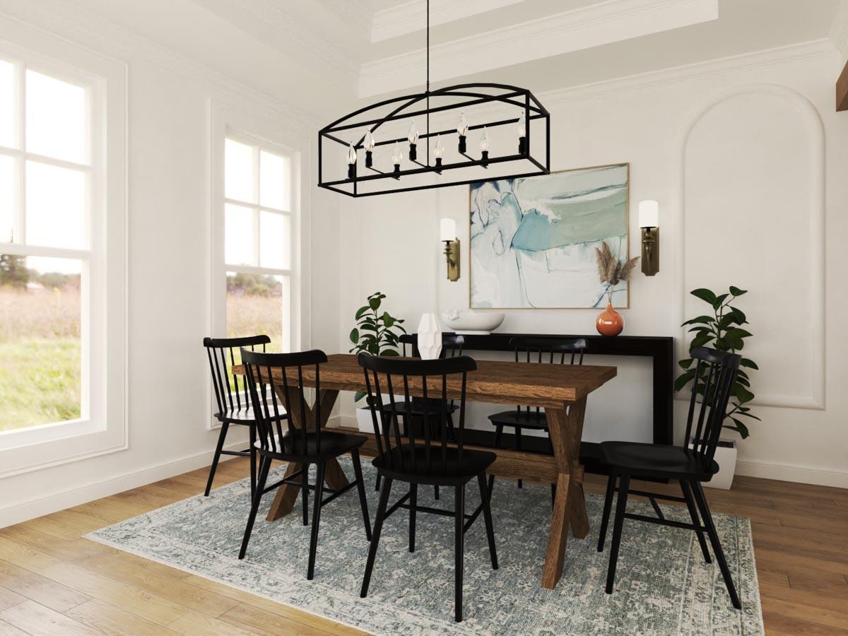Dining room with a wooden table, black chairs, abstract art, large windows, and a black linear chandelier.