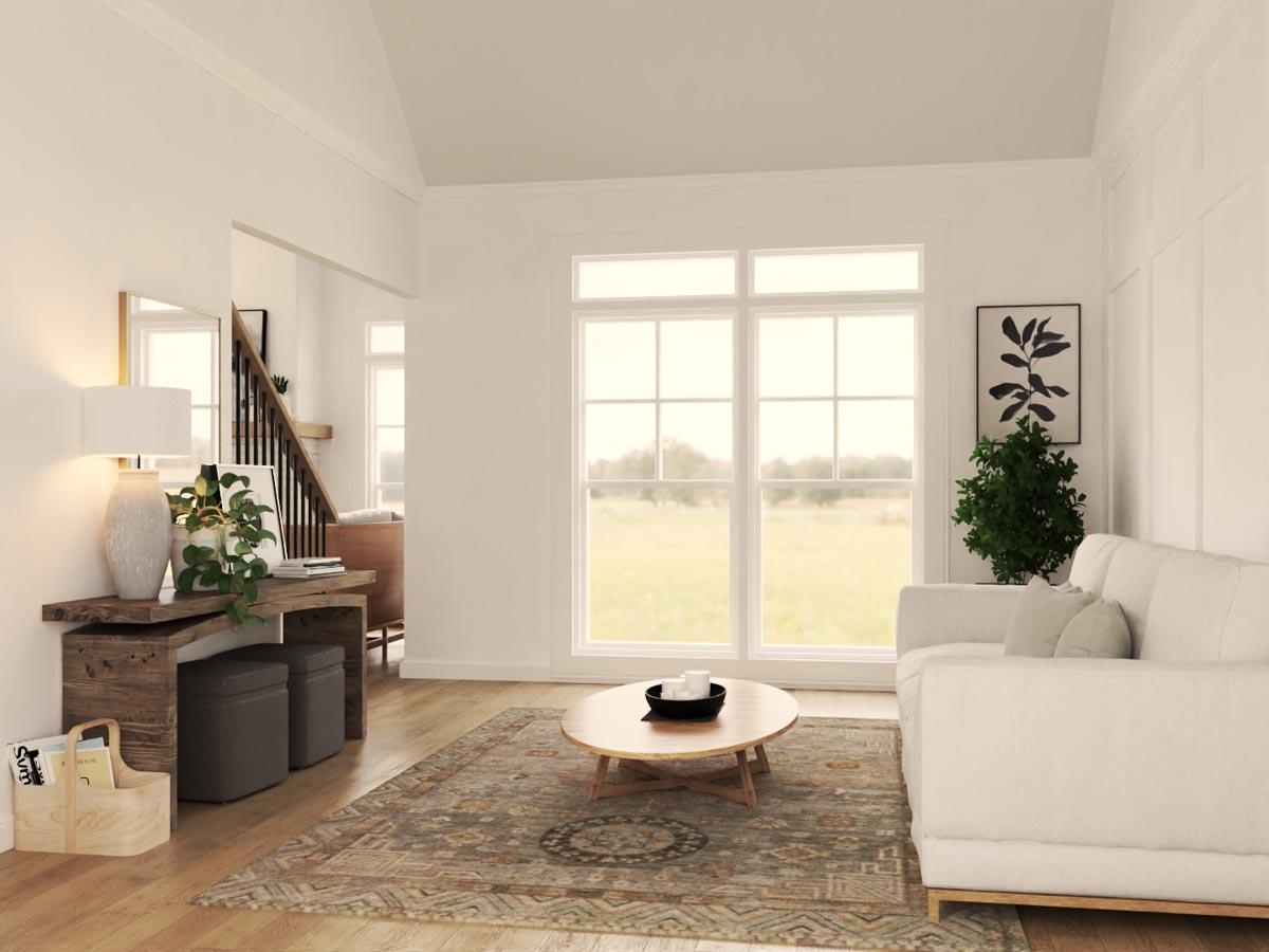 Interior rendering of a living room with vaulted ceiling, large windows, a sofa, coffee table, and a staircase.