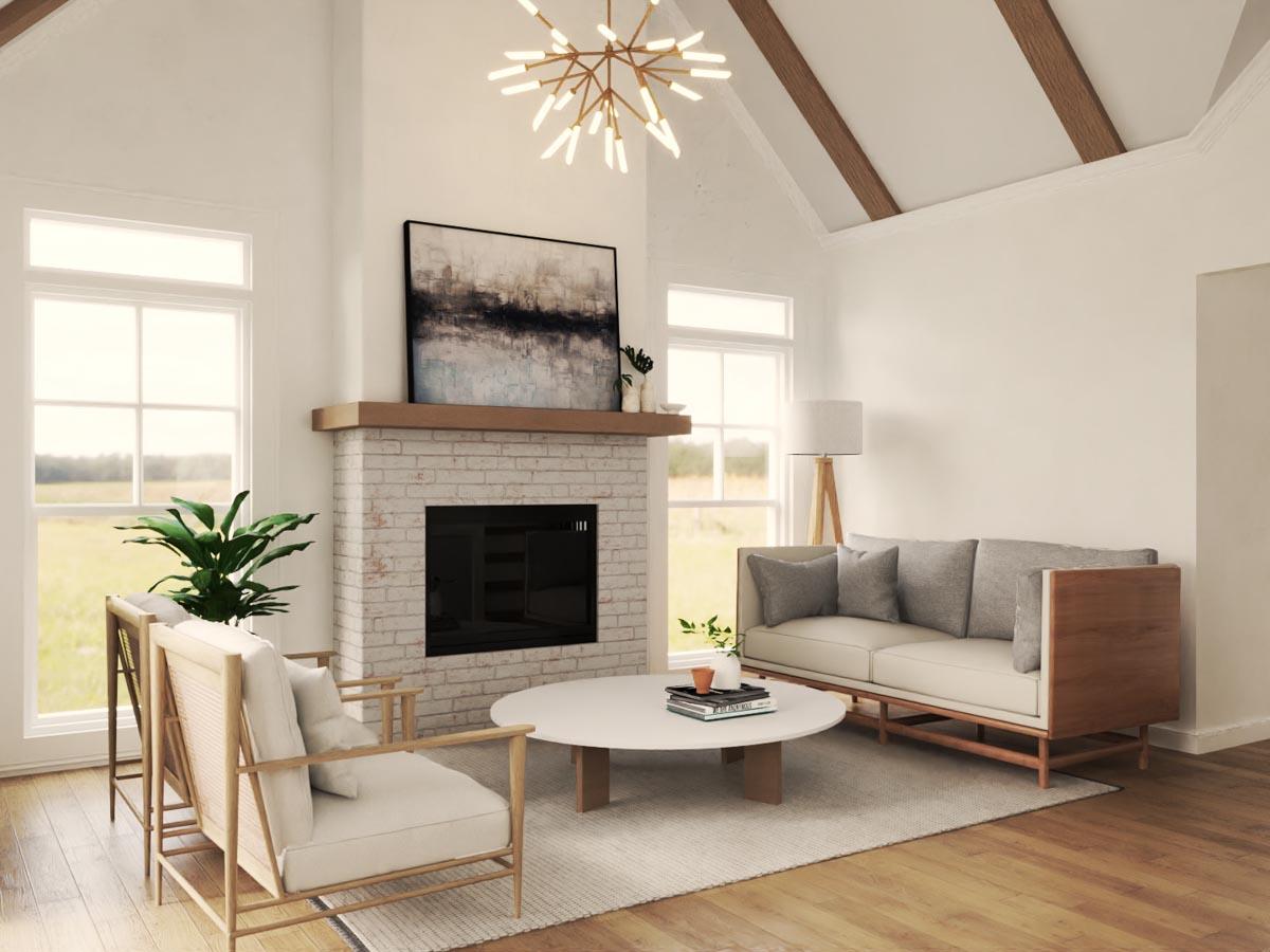 Living room with vaulted beamed ceiling, brick fireplace, large windows, and modern furniture.