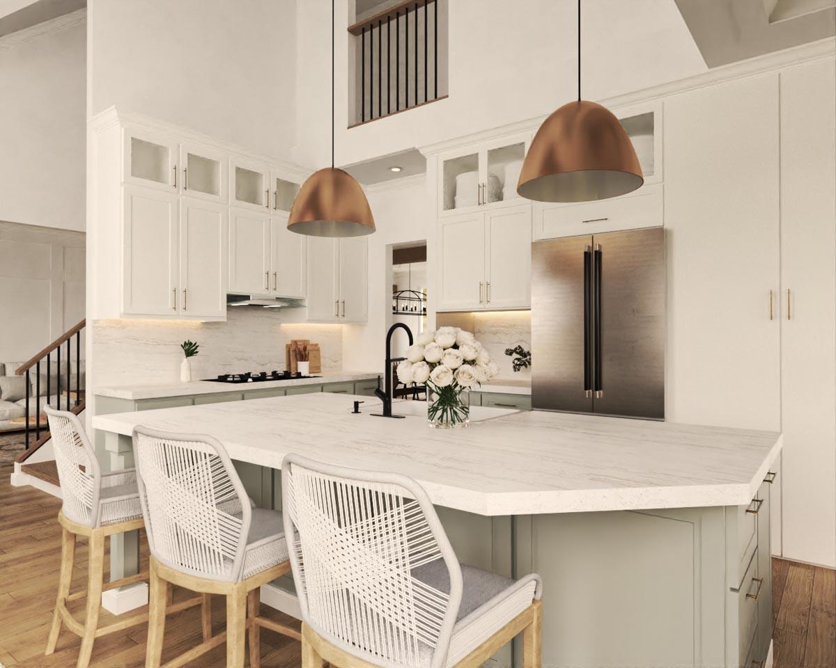 Kitchen with large island, white cabinetry, stainless steel refrigerator, and open access to a living area and stairs.