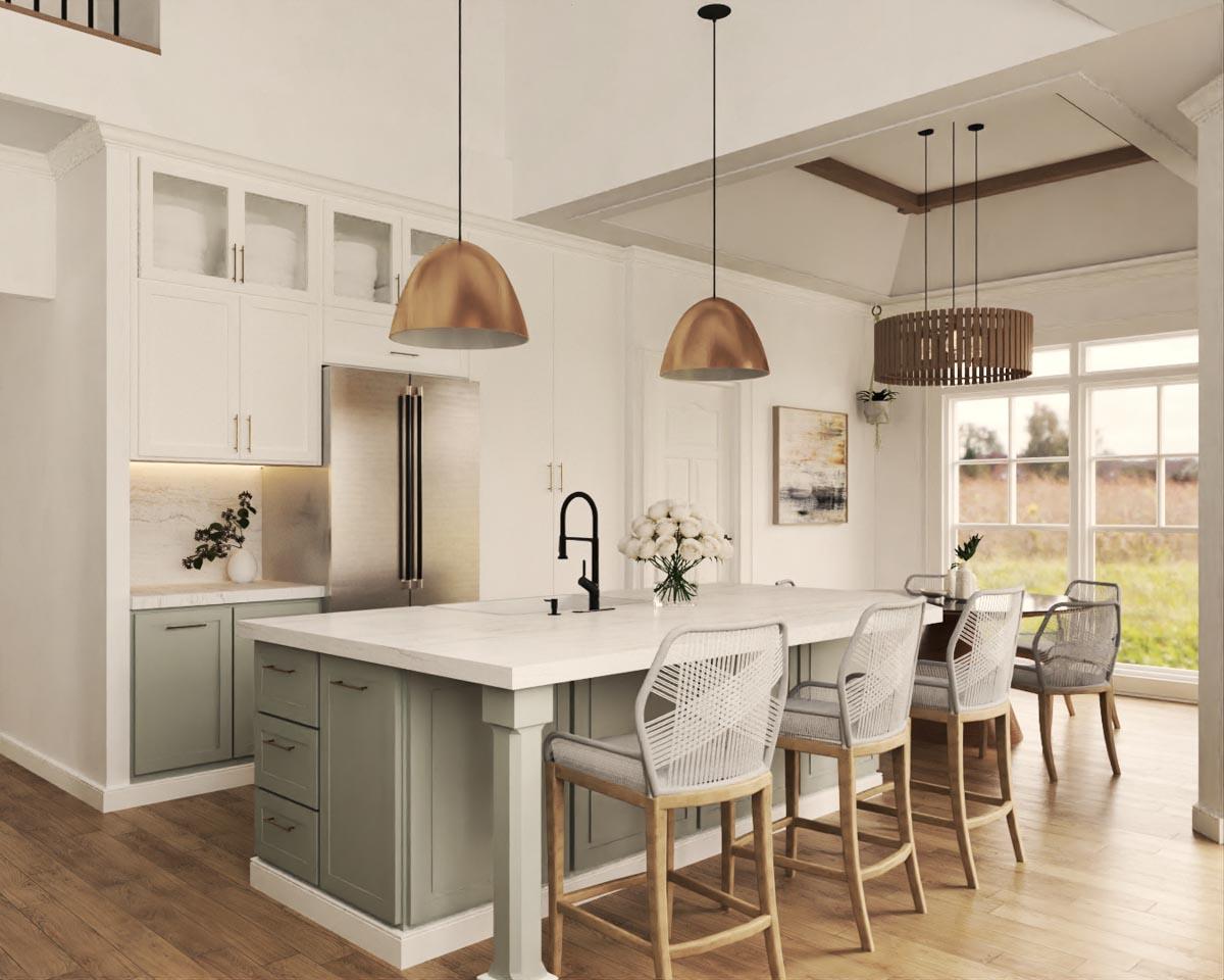 Kitchen with large island, counter stools, stainless steel refrigerator, and dining area with large windows.