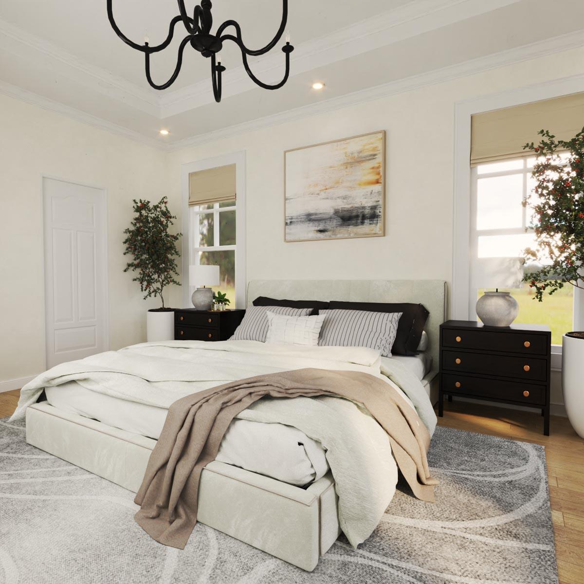 Bedroom with upholstered bed, dark nightstands, tray ceiling, and modern chandelier.