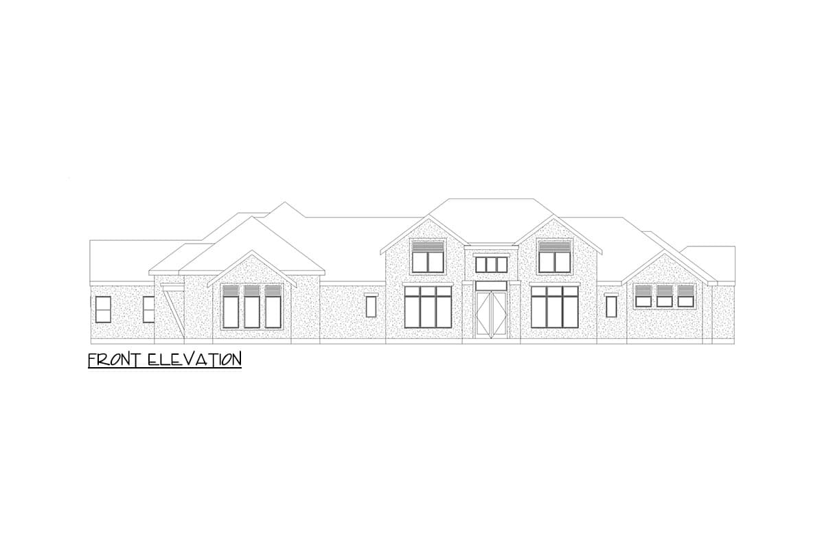 Front elevation drawing of a two-story house with multiple gables, a prominent entrance, and varied window groupings.