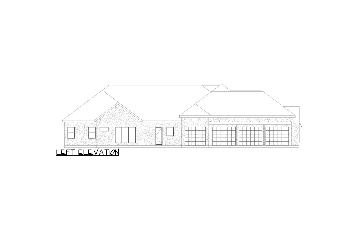 Left elevation house plan showing a single-story home with a three-car garage and large windows.