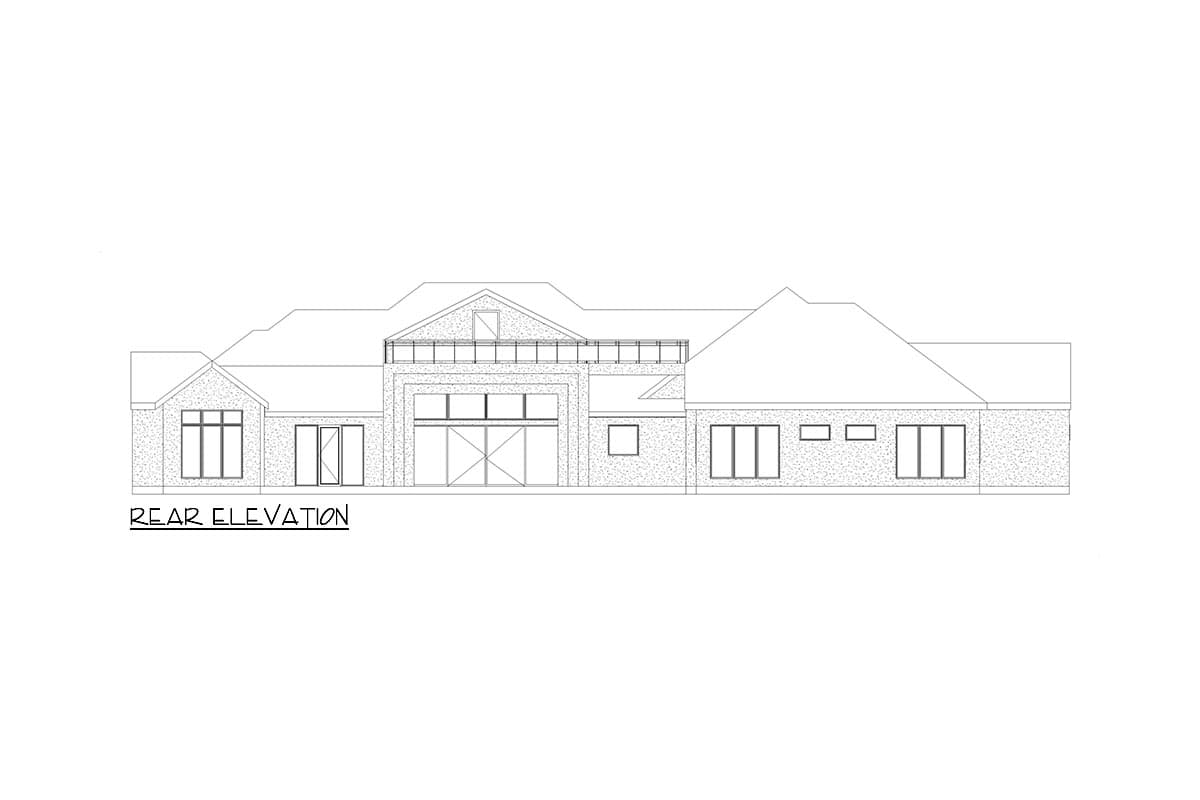 Rear elevation house plan drawing showing a single-story home with multiple gables, large sliding glass doors, and a central dormer with a balcony.
