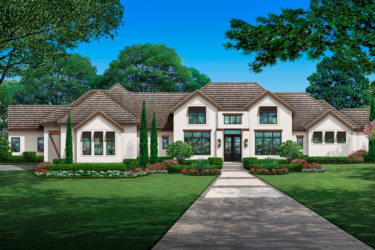 House plan exterior, two-story, with gabled roof, multiple dormers, and a prominent front entrance. Features a brick driveway and mature landscaping.