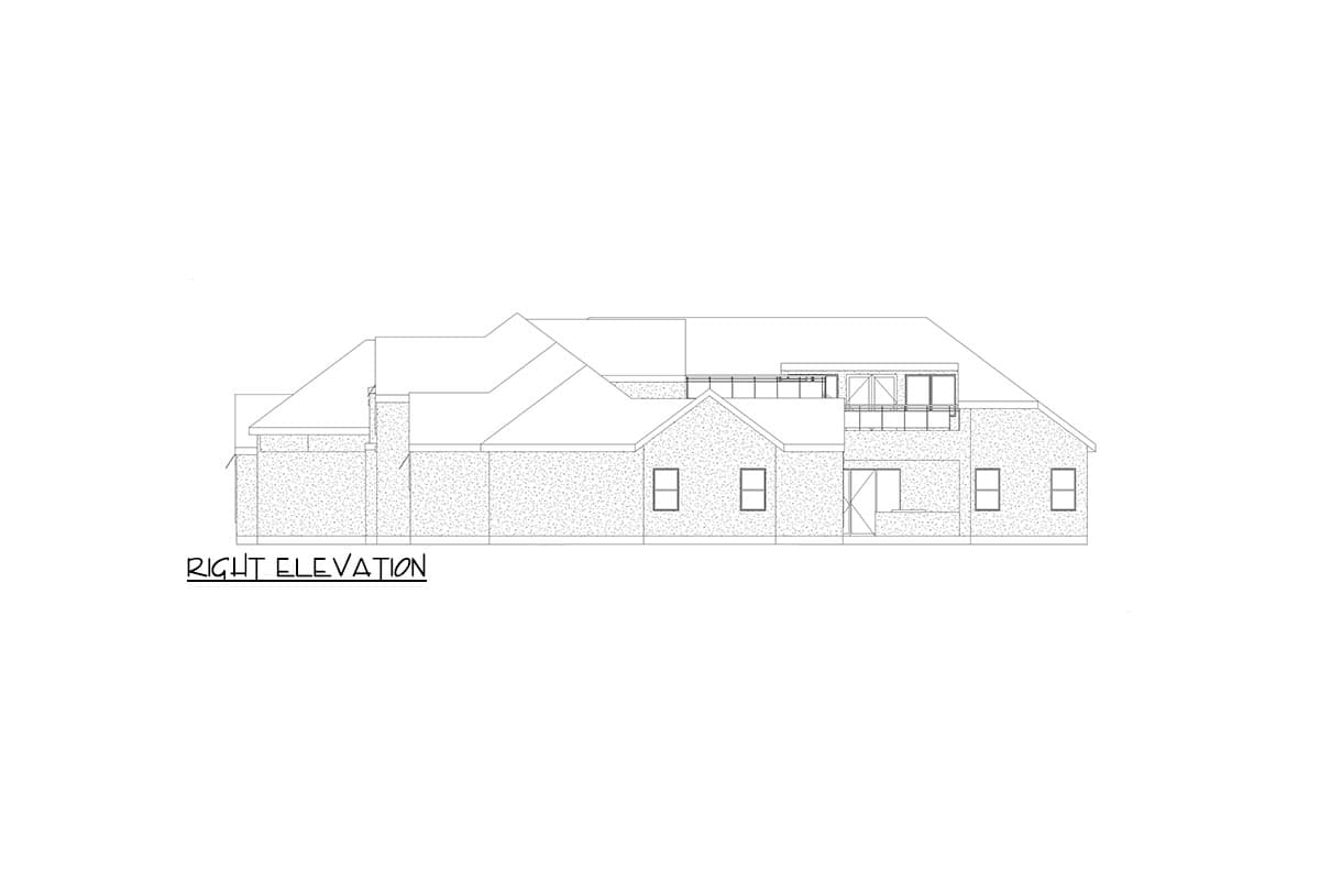 Right elevation house plan drawing showing gabled rooflines, stone exterior texture, chimney, and multi-pane windows.