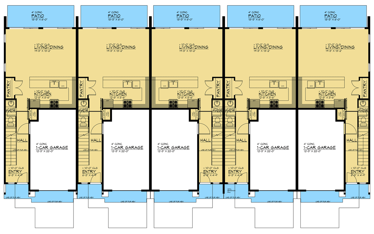 Plan 666224RAF: Modern Five-Plex with 1475 Square Foot 3 Bedroom Units - Floor Plan - Main Level - Contemporary, Mid Century Modern