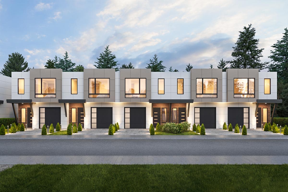 House plan exterior featuring a modern style, two stories, flat rooflines, recessed entries, and attached garages with modern doors.