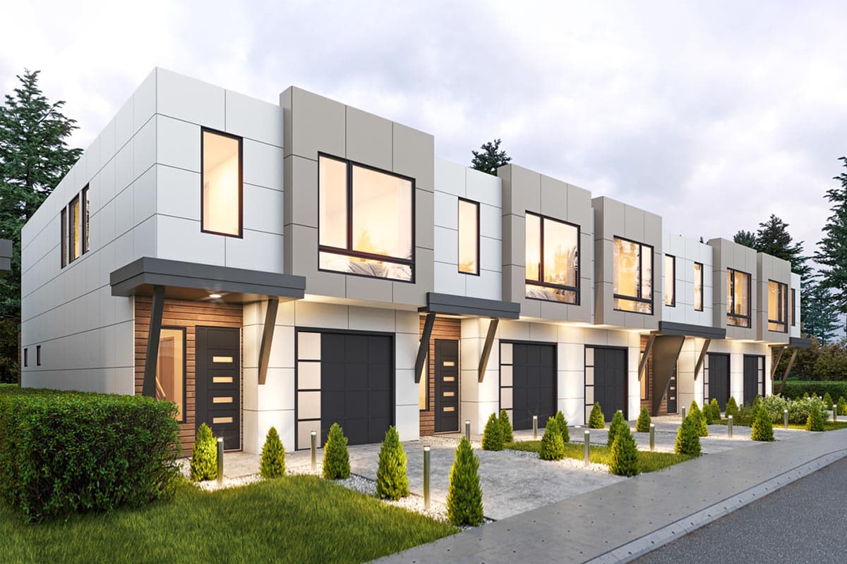 House plan exterior: Modern townhomes with multi-story facades, large windows, integrated garages, and cantilevered entry overhangs.