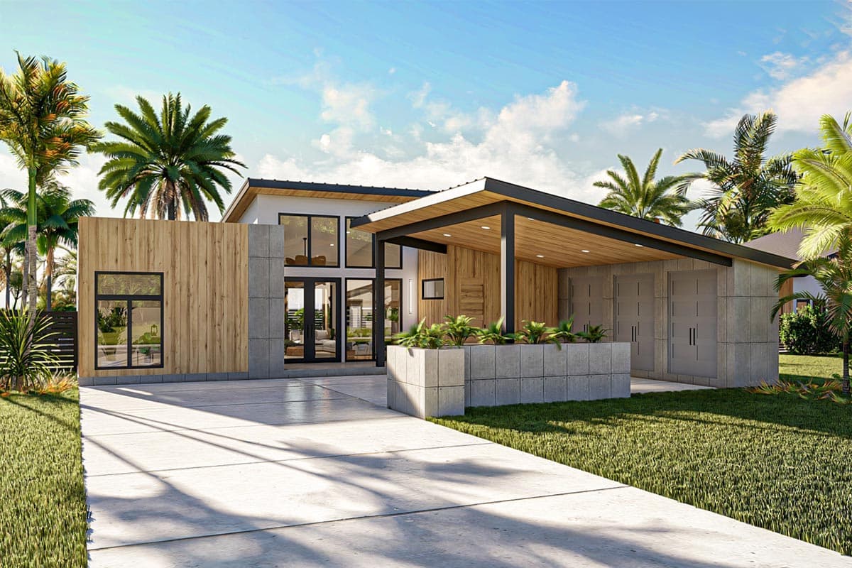 House plan exterior. Modern style with flat roof and covered porch. Features include wood siding, floor-to-ceiling windows, and integrated garage.