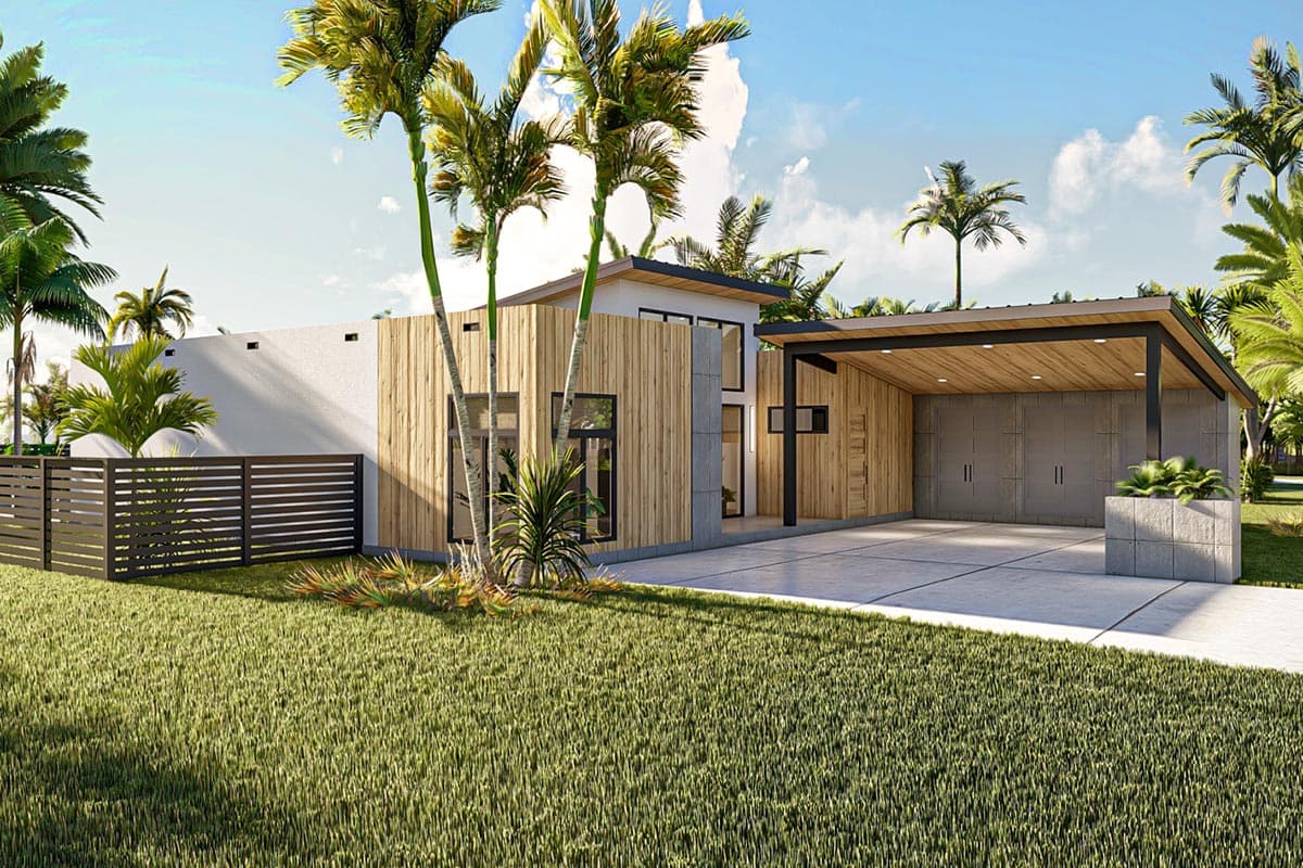 Modern house plan exterior with wood siding, flat roof, and attached carport with concrete garage doors.