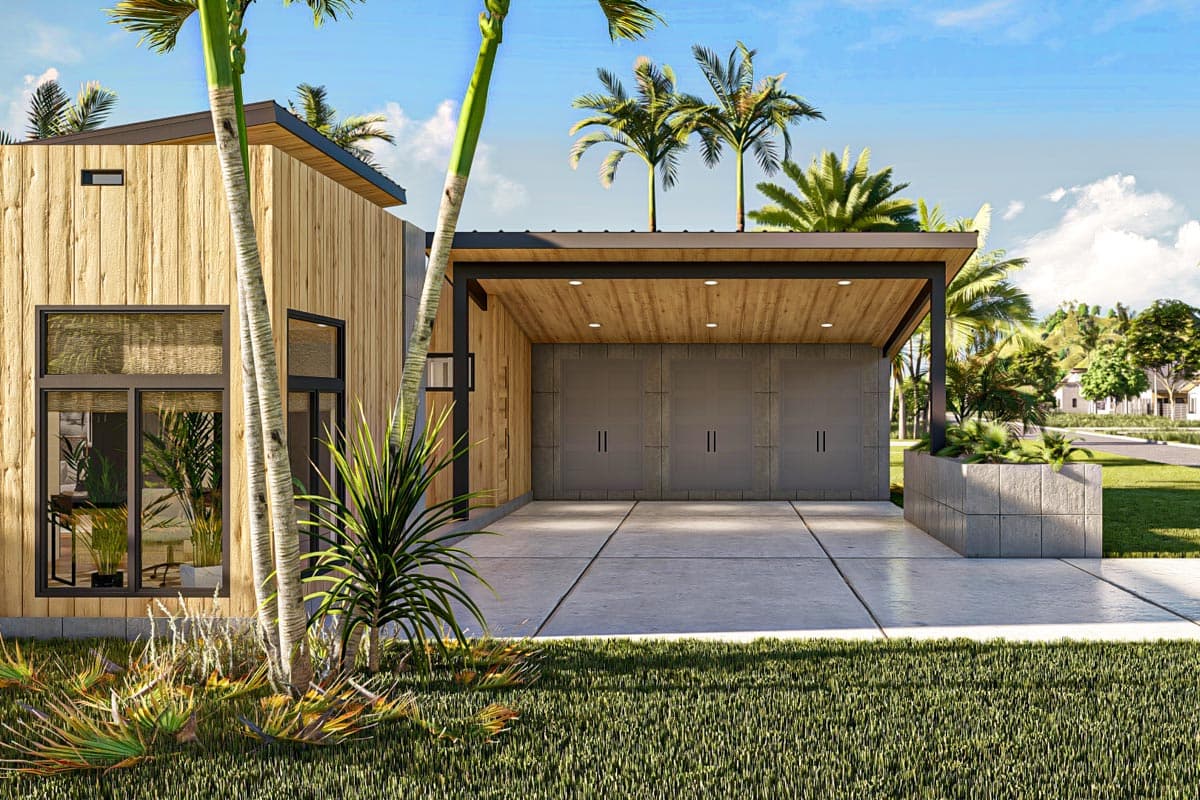 Modern house plan exterior with wood siding, flat roofline, carport with three garage doors, and large windows.