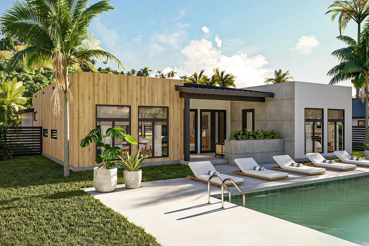 Plan 623277DJ: 1661 Square Foot 2-Bed Modern House Plan with Carport - Image #6 - Contemporary, Mid Century Modern, Modern