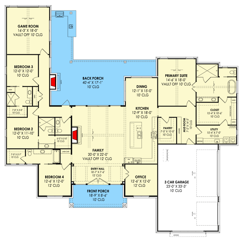 Plan 819009JSSB: HomeBuilder's ProSpec Pack: 3 Versatile House Plans for Subdivisions & Developments - Floor Plan - Main Level - Version A (3,563 Sq. Ft.) - Country, Craftsman, Farmhouse, Mid Century Modern, Modern Farmhouse, New American, Transitional