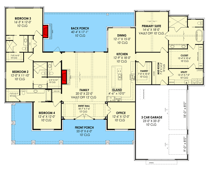 Plan 819009JSSB: HomeBuilder's ProSpec Pack: 3 Versatile House Plans for Subdivisions & Developments - Floor Plan - Main Level - Version C (3,254 Sq. Ft.) - Country, Craftsman, Farmhouse, Mid Century Modern, Modern Farmhouse, New American, Transitional