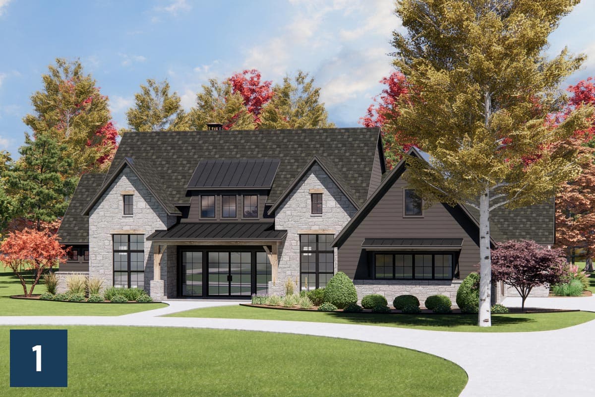 House plan exterior: Two-story Modern Farmhouse with stone and board-and-batten siding, metal roof, covered entry, and large windows.