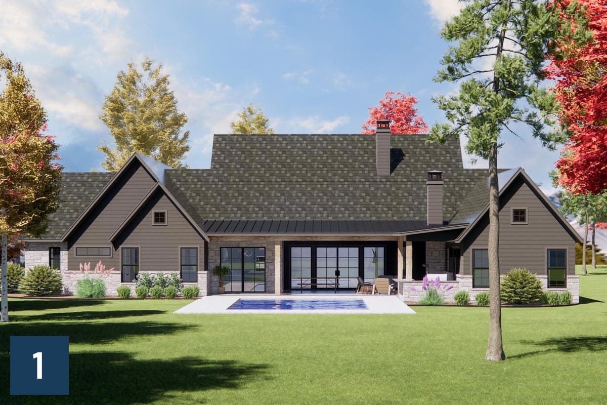 House plan exterior: Modern Farmhouse style, 1.5 stories, with gables, stone accents, covered patio, and swimming pool.
