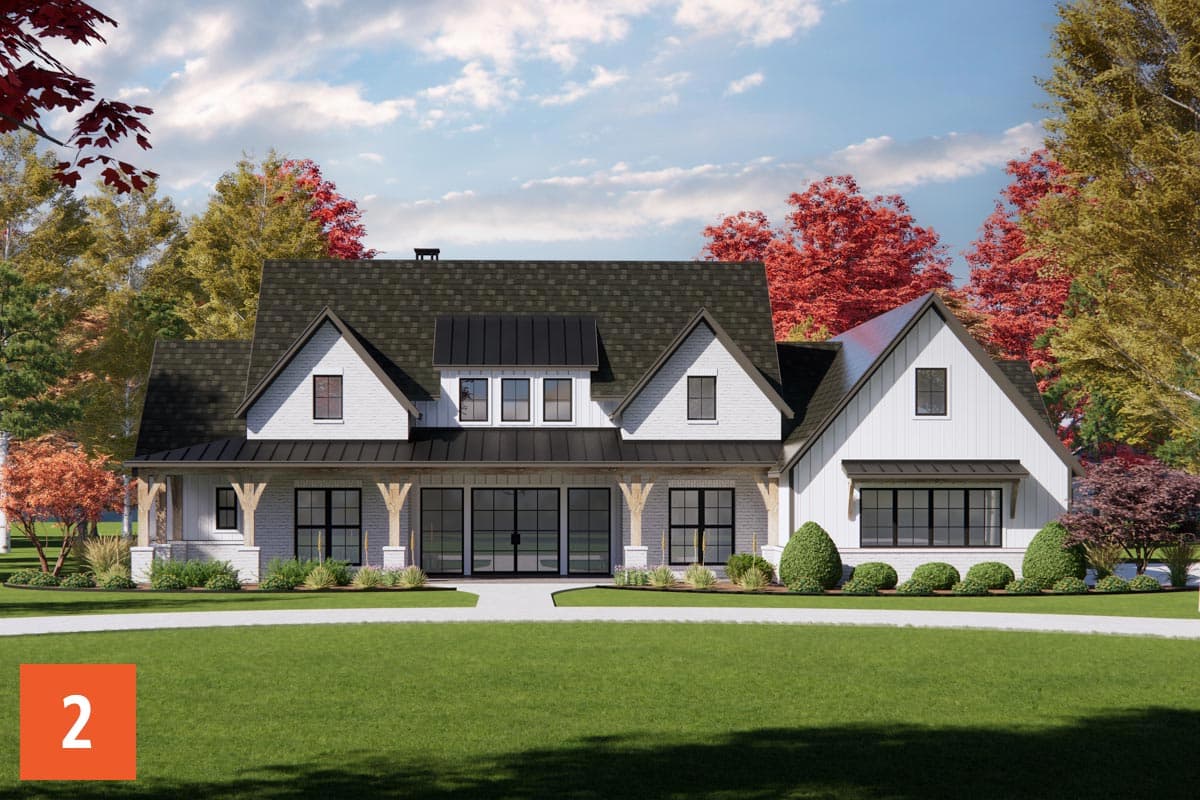 Modern Farmhouse house plan exterior with wraparound porch, gables, dormer windows, and metal roof accents.