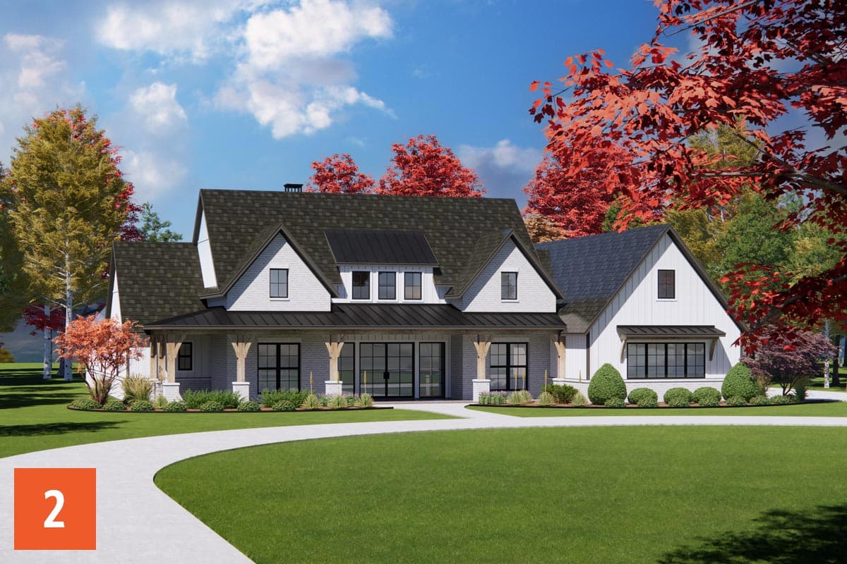 Modern Farmhouse house plan exterior with gabled rooflines, wide porch, white brick, and dark metal roof accents.