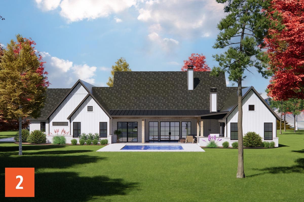 Modern Farmhouse house plan exterior with white board-and-batten siding, gables, and covered patio with pool.