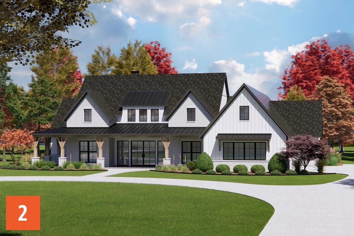 Modern Farmhouse house plan exterior with covered porch, gables, dormers, and large windows.