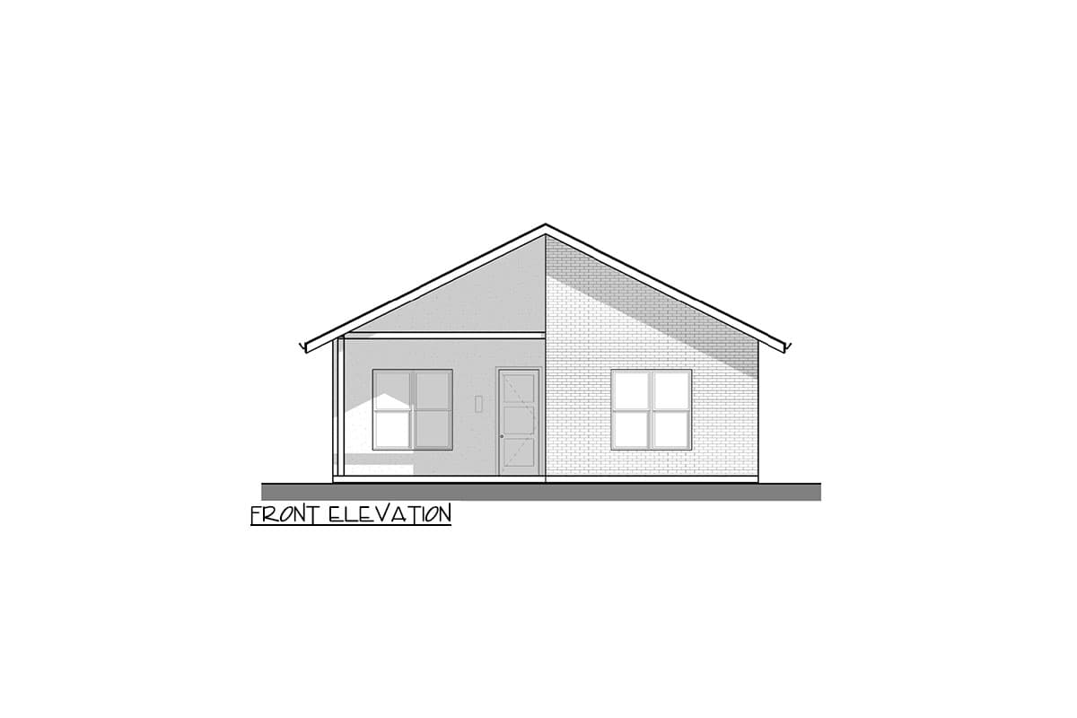 Front elevation drawing of a single-story house with a gabled roof, two windows, and a central door.