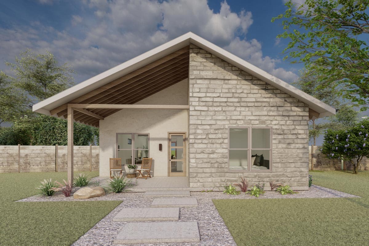 House plan exterior. One-story structure with a gable roof, covered porch supported by columns, and brick facade on right side.