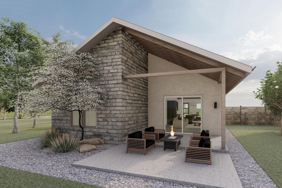 House plan exterior: Modern style with stone facade, shed roof, covered patio with seating, and interior view through sliding glass doors.