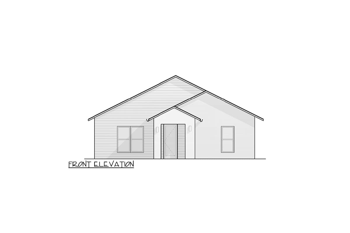Front elevation drawing of a single-story house with horizontal siding, a gable roof, a central entrance, and two windows.