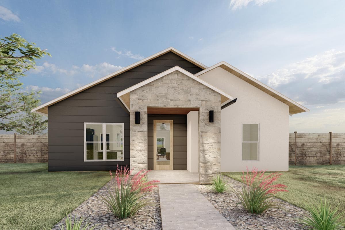 House plan exterior. One-story house with gabled roof, stone facade entryway, and dark siding. Features include entry porch and asymmetrical roofline.