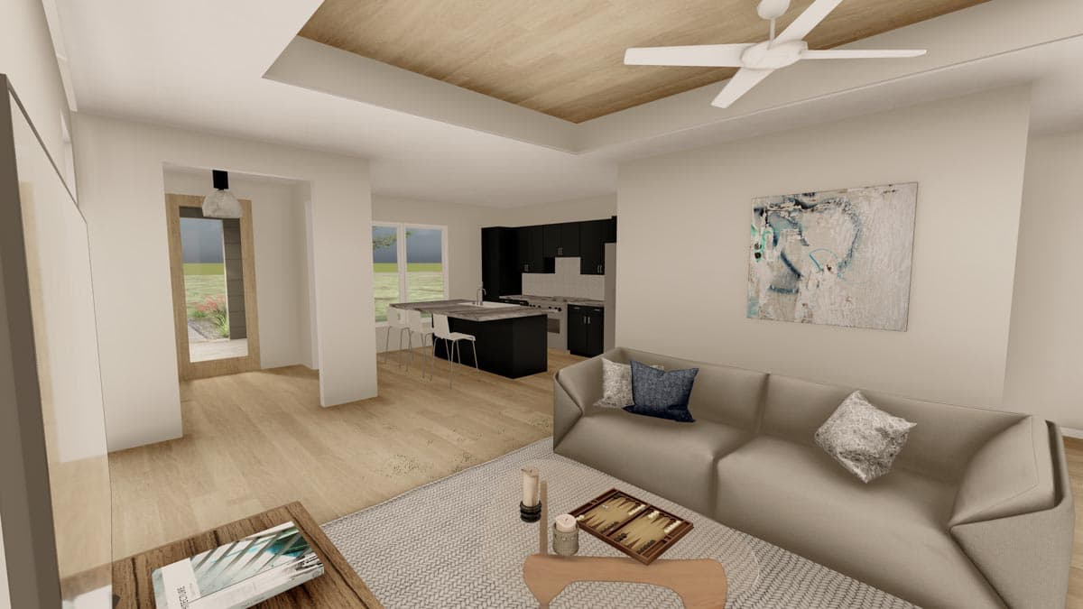 Rendering of a contemporary open-plan living and kitchen area with island, sofa, and wood-paneled ceiling.