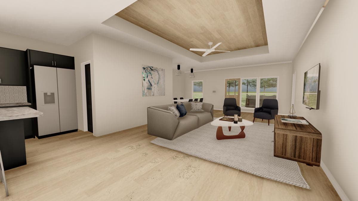 Interior rendering showing a great room with a sunken living area, coffered wood ceiling, modern sofa, and kitchen counter.
