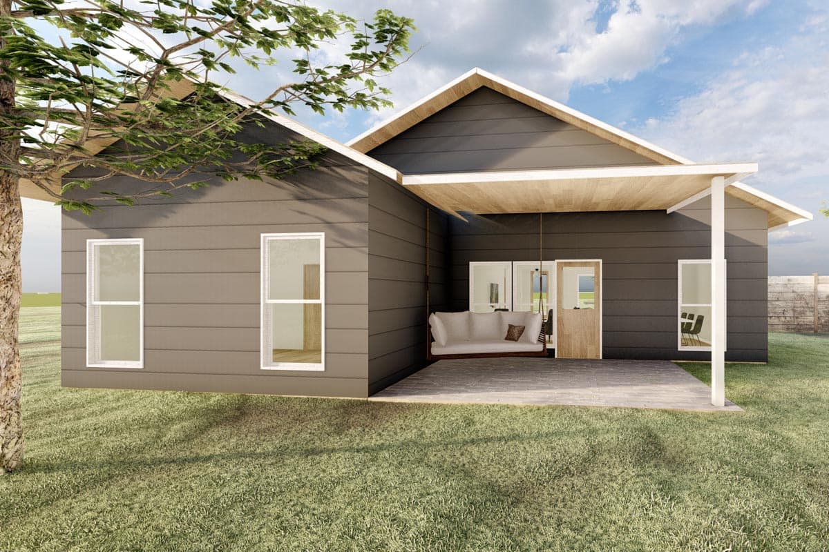 House plan exterior view with contemporary style, gabled rooflines, covered patio with swing, and large windows.