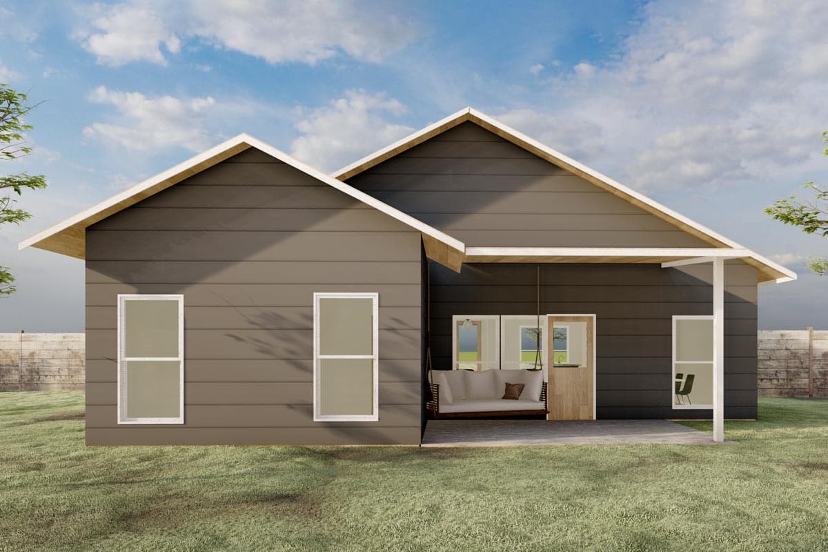 House plan exterior: Single-story home with asymmetric gables, a covered porch with swing, and horizontal siding.