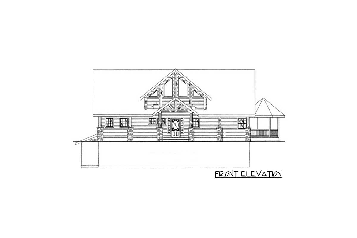 Front elevation drawing of a two-story log house with a prominent gable, covered porch, and stone accents.