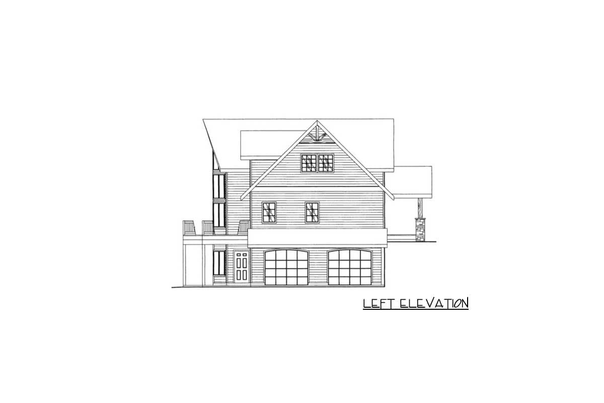 Left elevation of a house plan showing a two-story structure with a gable roof, dormer windows, a covered porch, and a three-car garage.