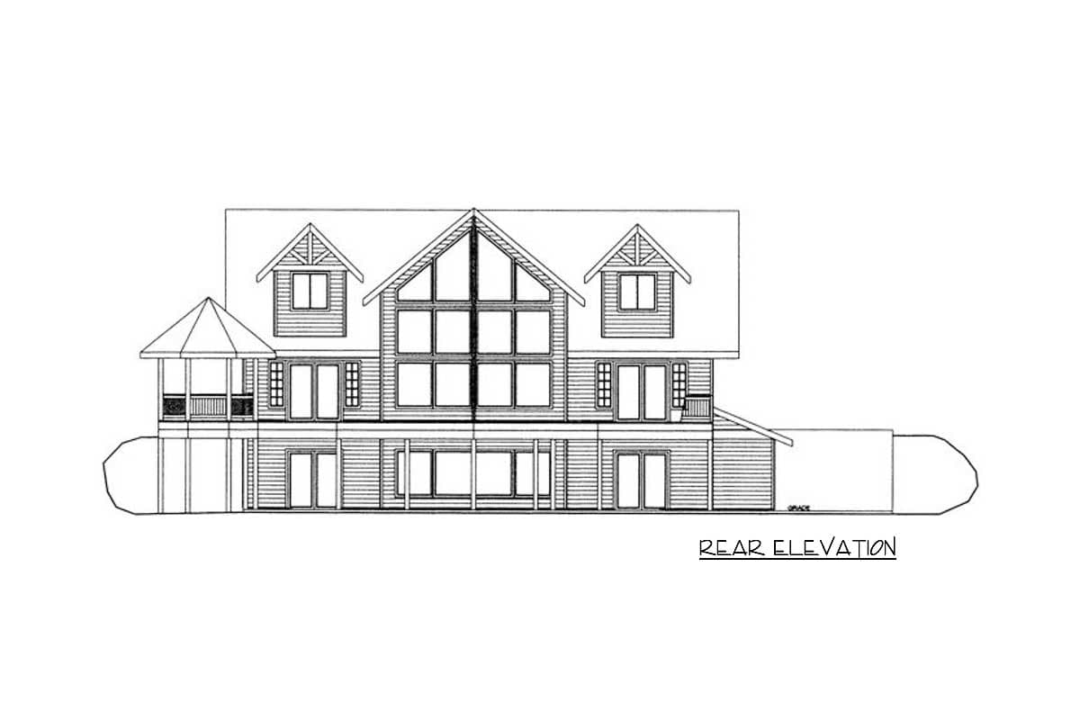 Rear elevation drawing of a two-story house with a prominent central gable, dormers, and a large multi-pane window.