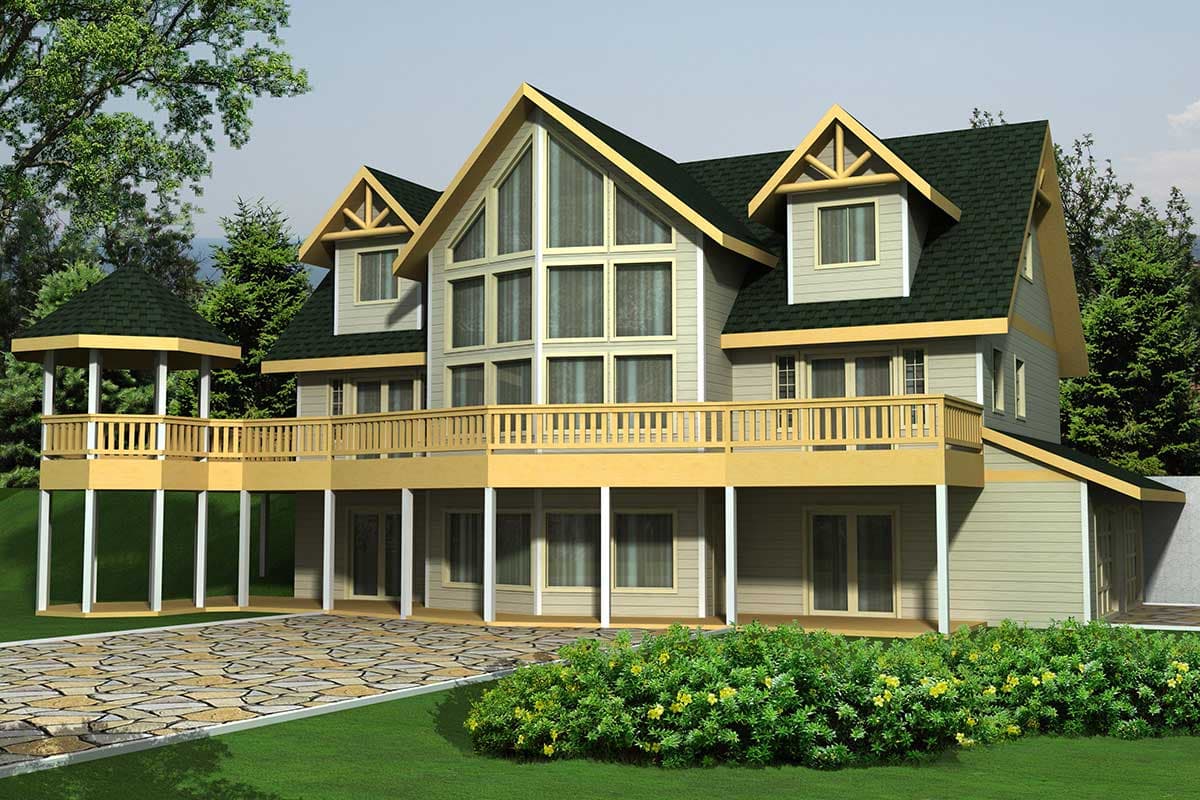 House plan exterior: Two-story Modern style with large deck, prominent gables, and a multi-story window wall.