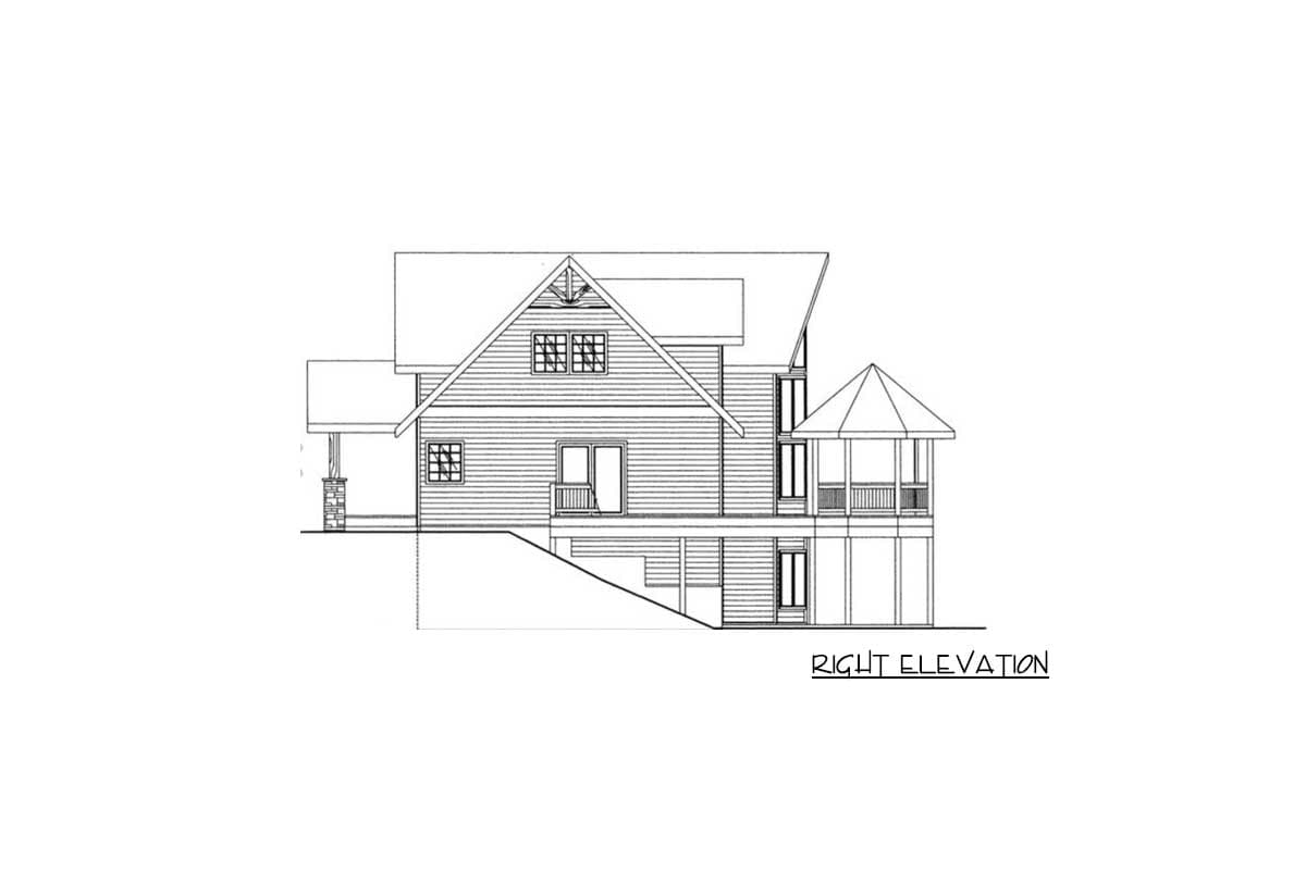 House plan right elevation: features gabled dormers, porch with stone pillar, and octagonal screened porch.