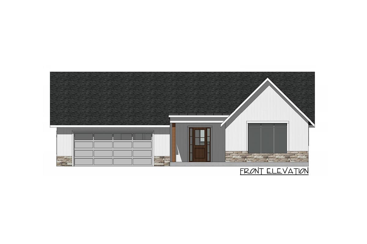 Front elevation drawing of a single-story house with a modern farmhouse style, featuring a glass garage door, stone accents, and a covered entry.