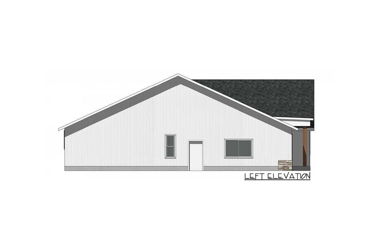 Left elevation of a house plan showing vertical siding, a gable roof, and two windows.