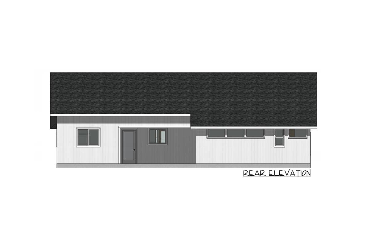 Rear elevation drawing of a single-story house with a dark asphalt shingle roof, horizontal siding, and multiple windows.
