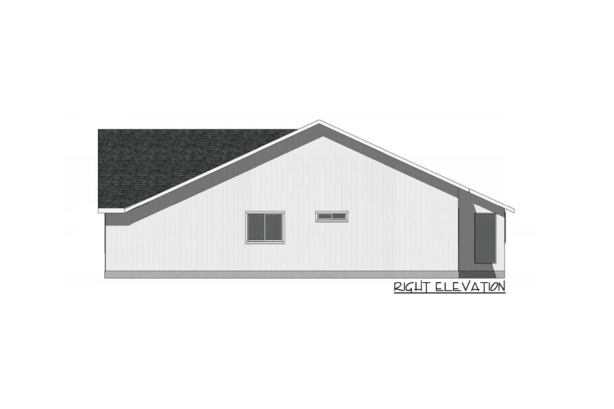 House plan right elevation showing a low-sloped gable roof, vertical siding, and three windows.