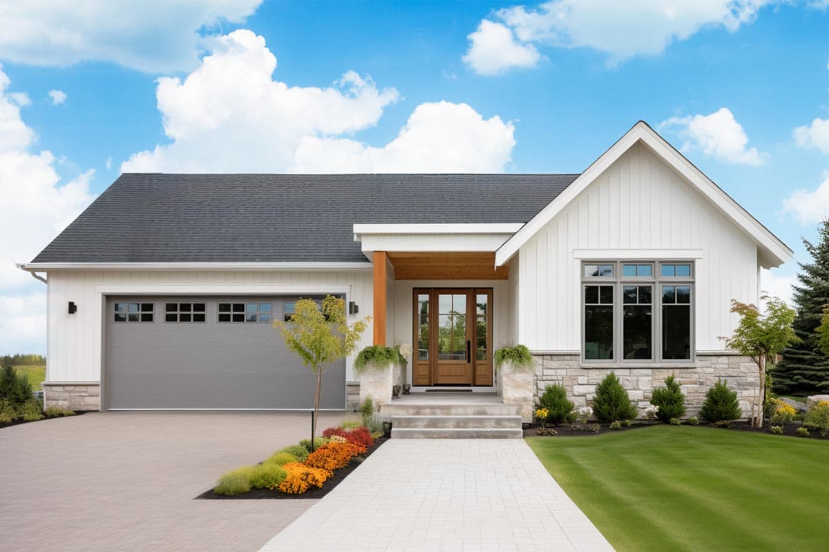 House plan exterior. Modern Farmhouse style with a single story, front-facing gable, and attached garage. Features include a covered porch.