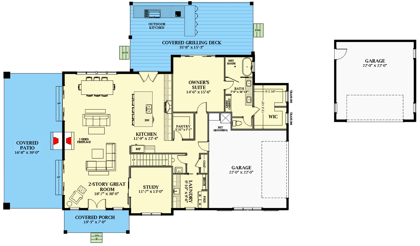 Plan 46503LA: 4 Bed Barndominium Style House Plan with Two Laundry Room and a Detached Garage - Floor Plan - Main Level - Barndominium, Country