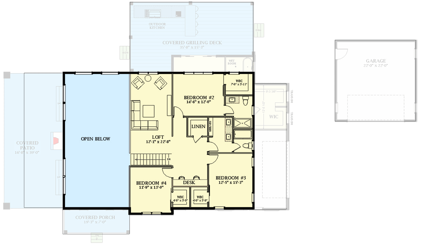 Plan 46503LA: 4 Bed Barndominium Style House Plan with Two Laundry Room and a Detached Garage - Floor Plan - 2nd Floor - Barndominium, Country