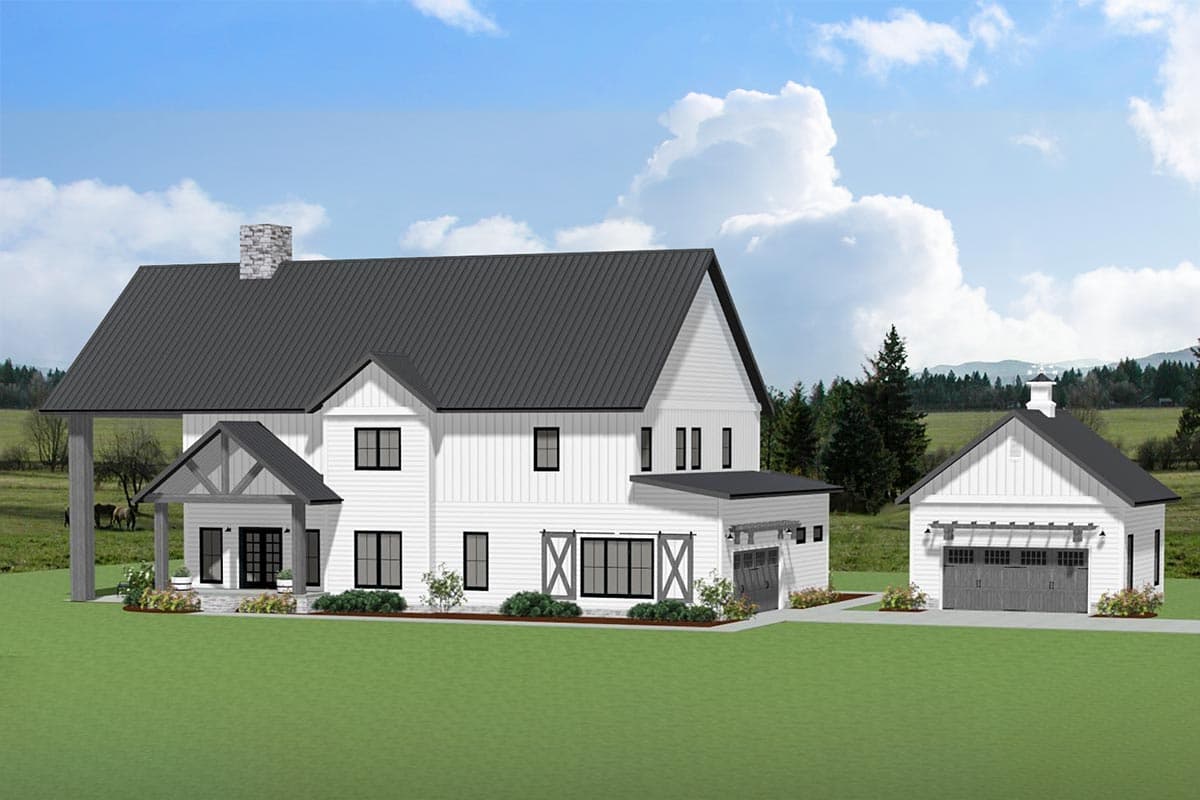House plan exterior. Two-story Modern Farmhouse with gabled rooflines, a front porch with exposed beams, and detached garage.