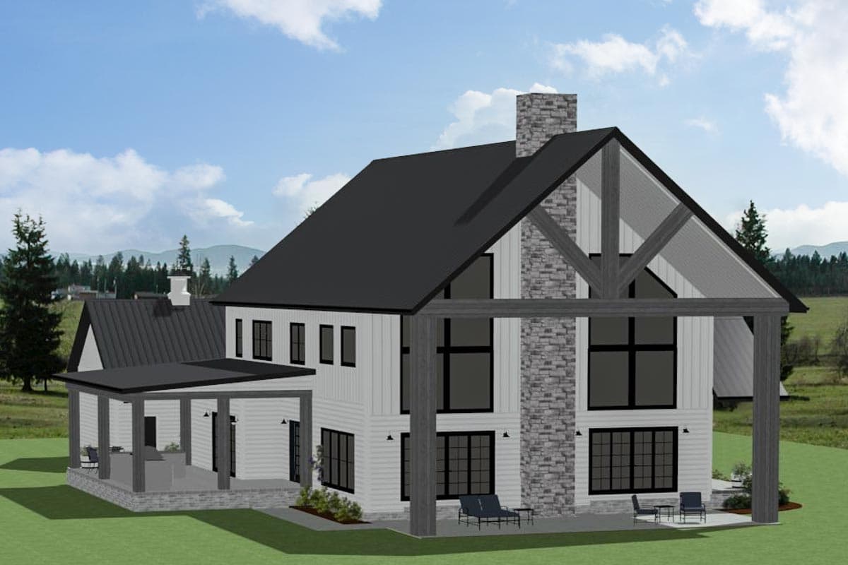 House plan exterior rendering of a modern farmhouse style home with gabled roof, stone chimney, large windows, and covered porch.